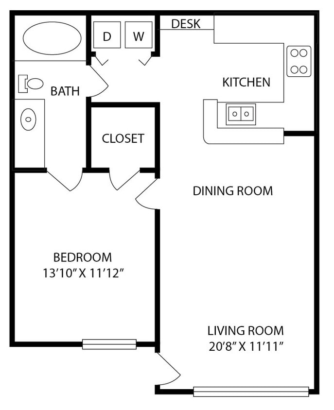 Floor Plan - 1 Bedroom 1 Bath – Style A1