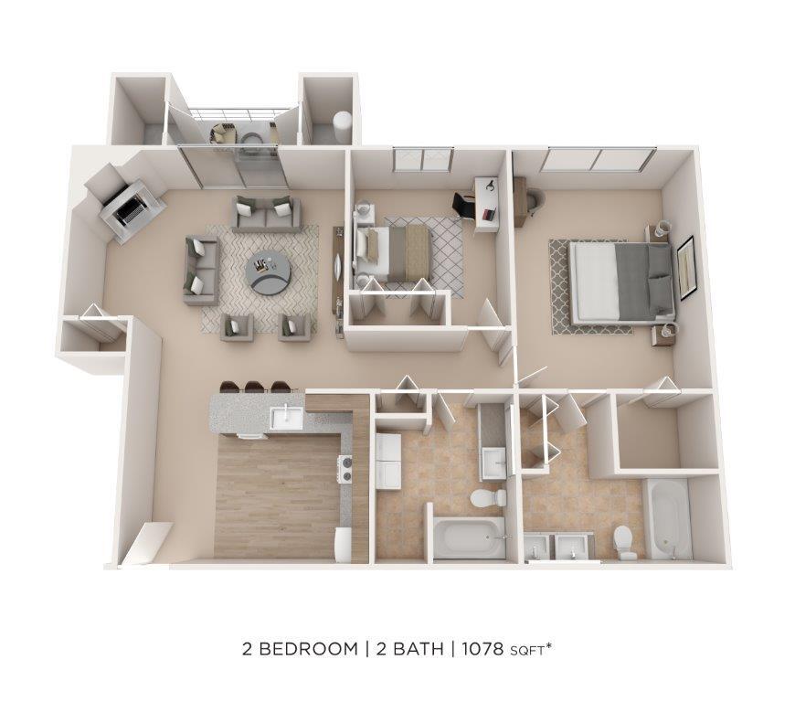 Floor Plan - Two Bedroom 2 Bath - 1,078 sqft