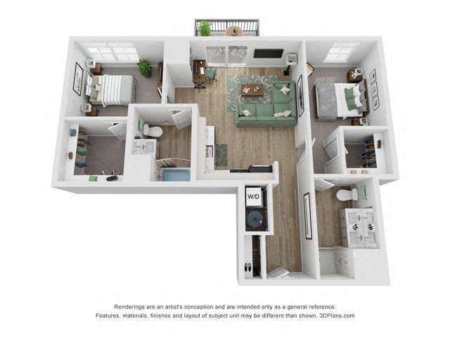 Floor Plan - 2 Bedroom 2 Bath 1053 Sq. ft.