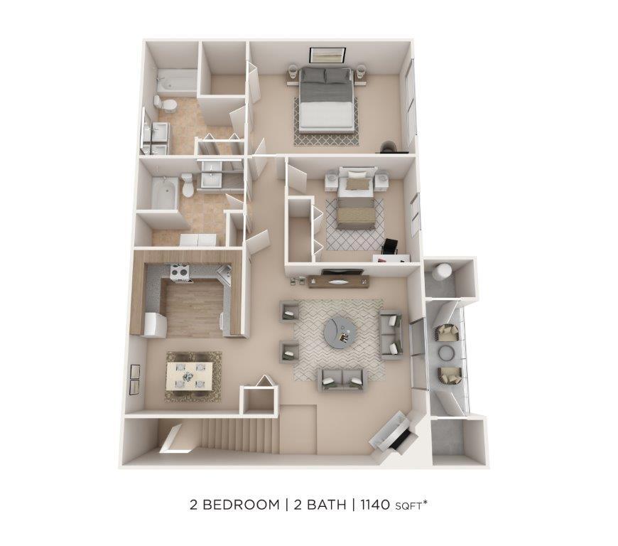 Floor Plan - Two Bedroom 2 Bath - 1,140 sqft