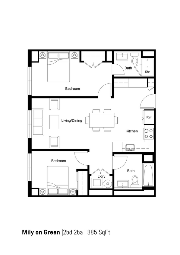 Floor Plan - 2B2B-F 885sf