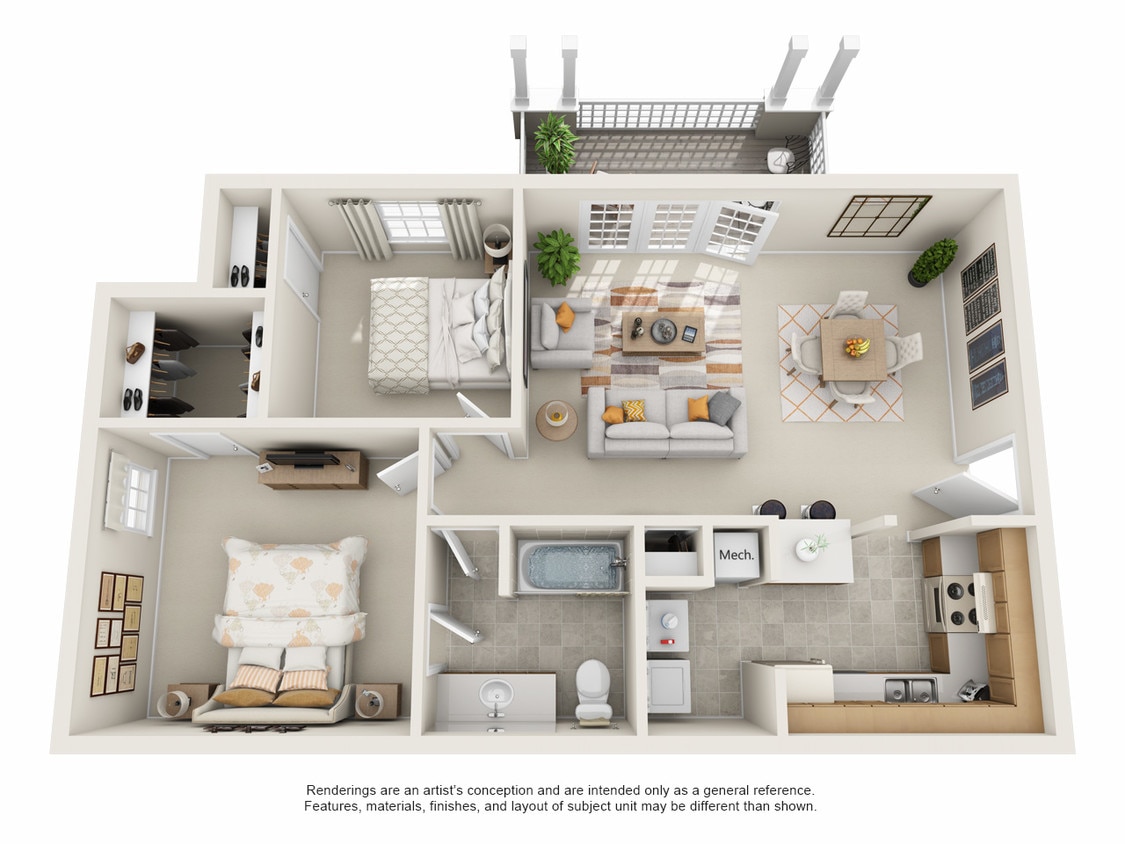2BR/1BA 3D Floorplan - 2BR/1BA