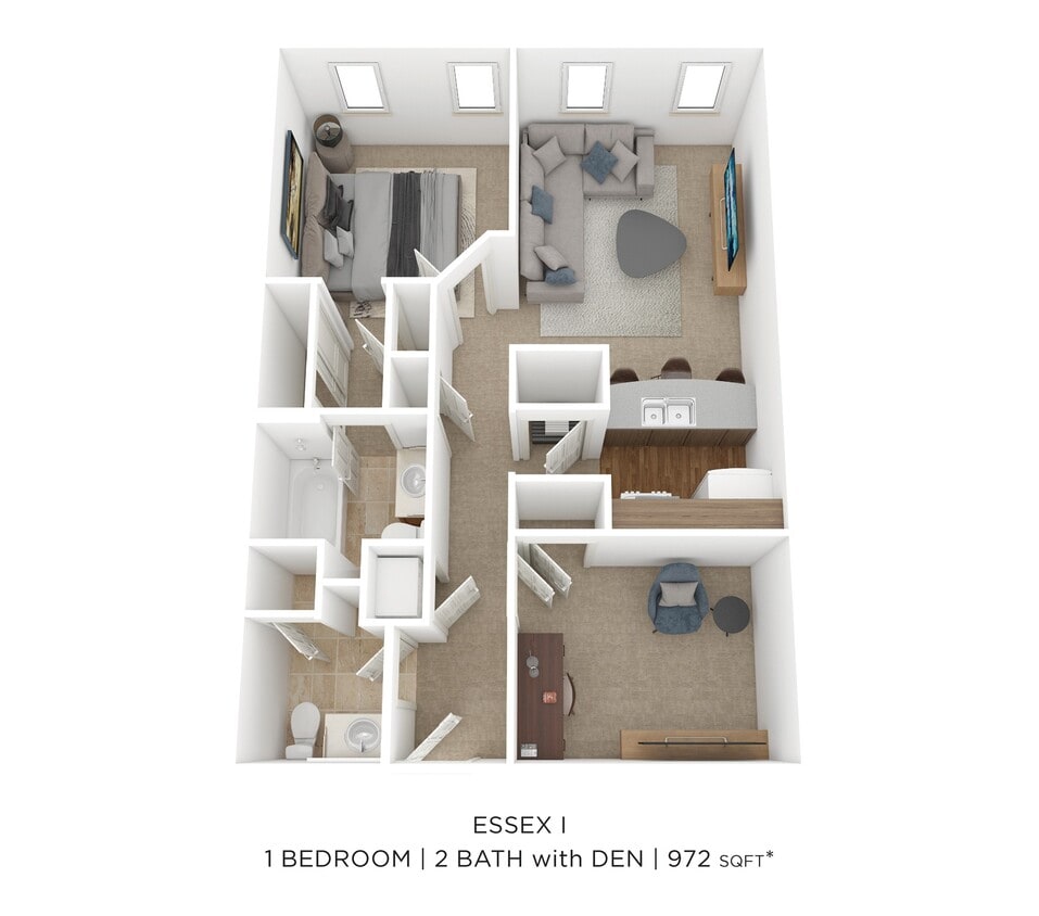 Floor Plan - One Bedroom 2 Bath-Essex 972 SqFt