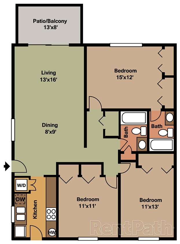 Inviting 3-bedroom apartment floor plan featuring a spacious living area, functional kitchen, and two modern bathrooms with a cozy patio for relaxation. - 3b2 - Jamaica