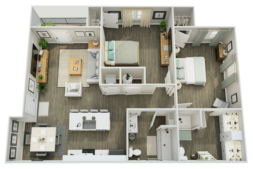 Modern floor plan showcasing two inviting bedrooms, elegant open living and dining areas, and a sleek kitchen, perfect for stylish living. - 2 Bedroom, 2 Bathroom