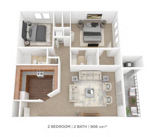 Floor Plan - Two Bedroom 2 Bath - 906 sqft