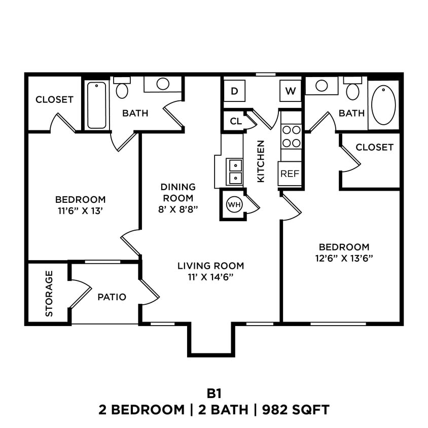 Floor Plan - Two Bedroom 2 Bath - 982 sqft