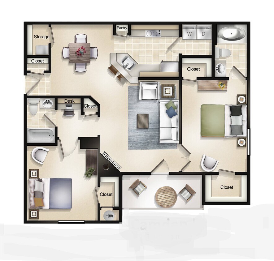 Floor Plan - 2 Bedroom 2 Bath with Balcony or Patio Camden I 