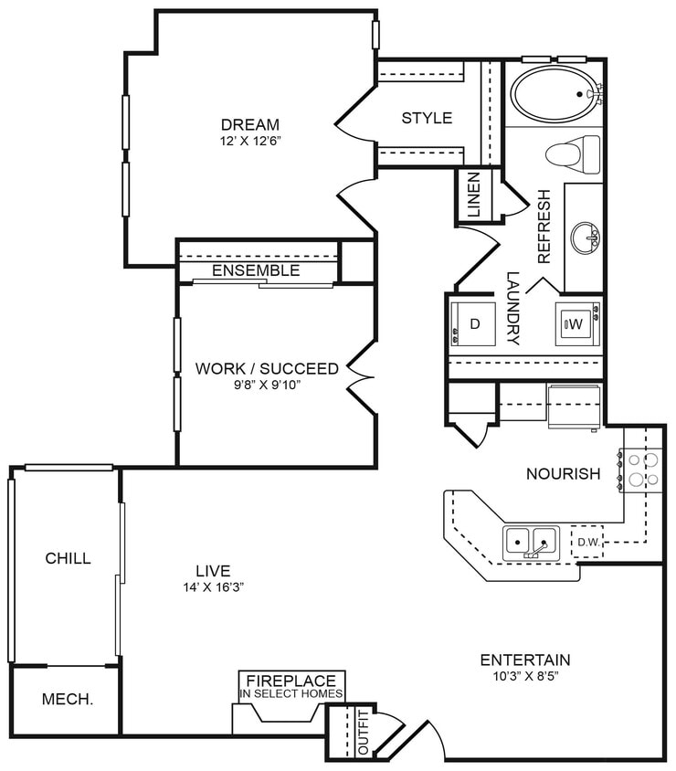 Floor Plan - 2 Bedroom, 1 Bathroom 1,016 SF 21A