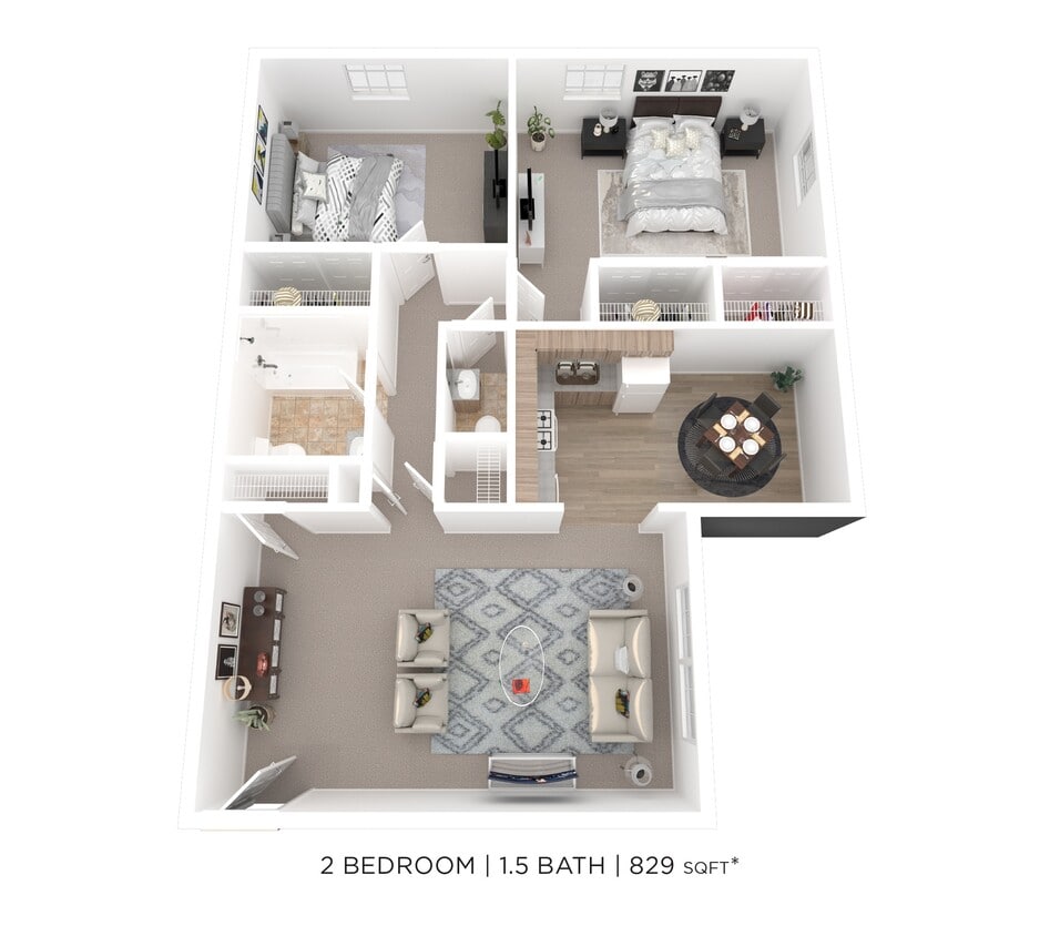 Floor Plan - Two Bedroom 1.5 Bath - 829 sqft