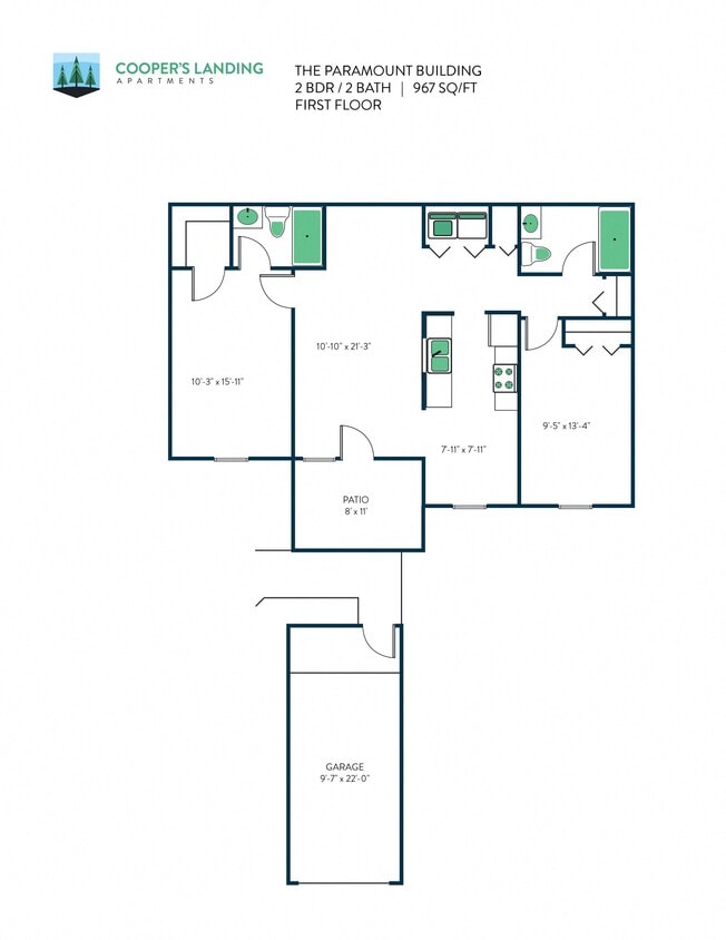 Floor Plan - 2 Bed,  2 Bath - 967 sq ft