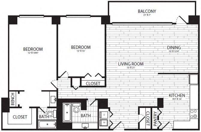 Floor Plan - 2 Bedroom, 2 Bath 1313 SF B1