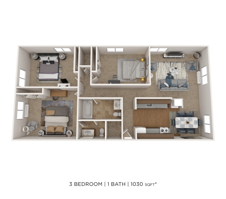 Floor Plan - Three Bedroom- 1030 sqft