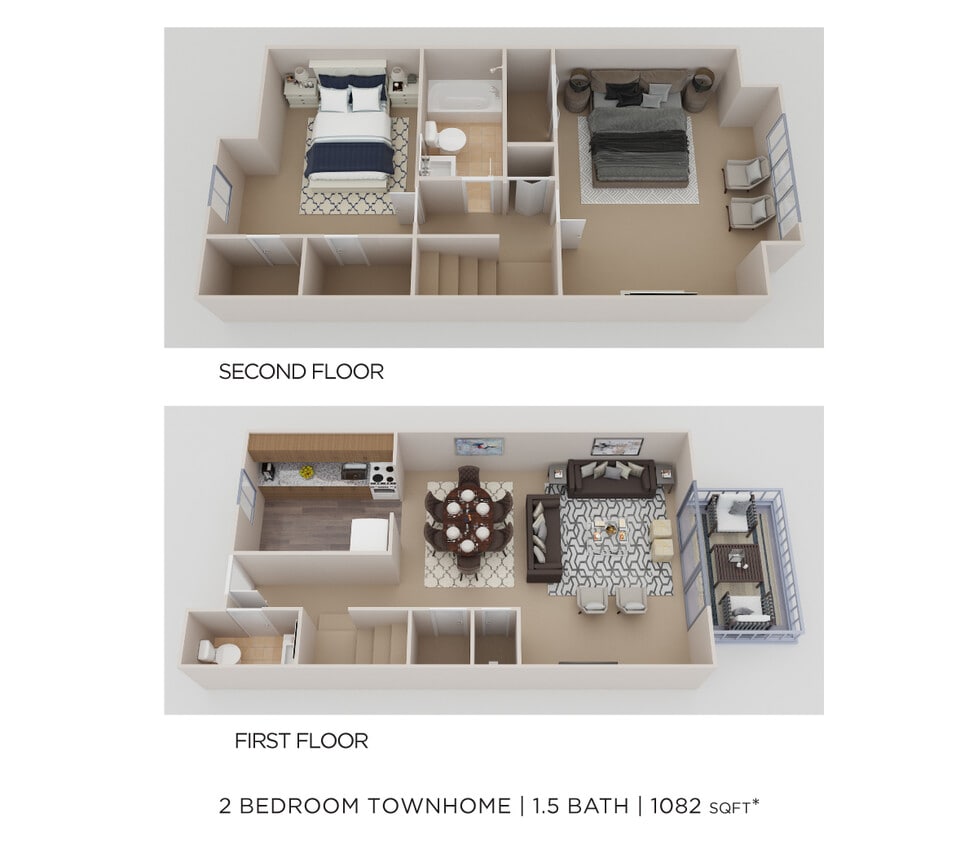 Floor Plan - Two Bedroom 1.5 Bath Townhome - 1,082 sqft