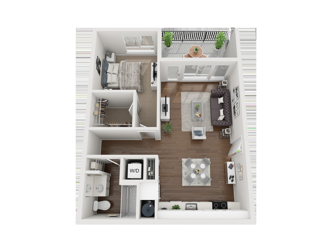 2BR, 2 BA Pippen 3D Floorplan - 1x1 Pippen