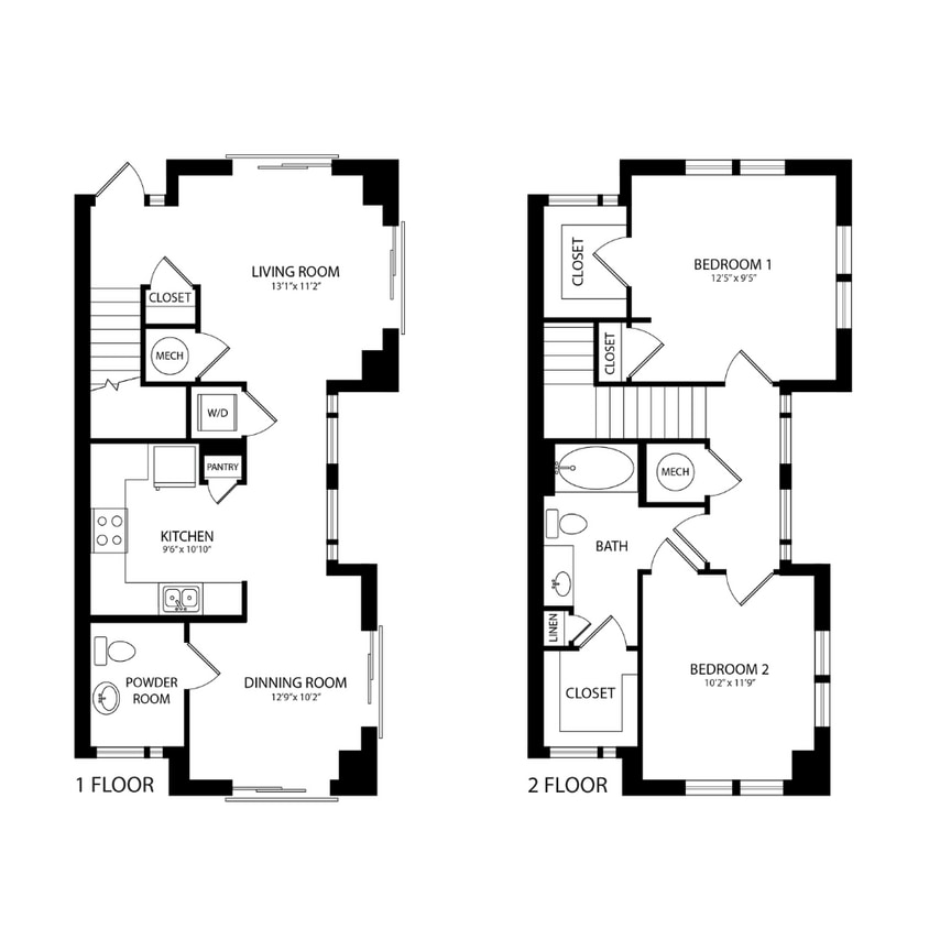 Floor Plan - 2BR/2BA Townhouse 1212 SF TB3