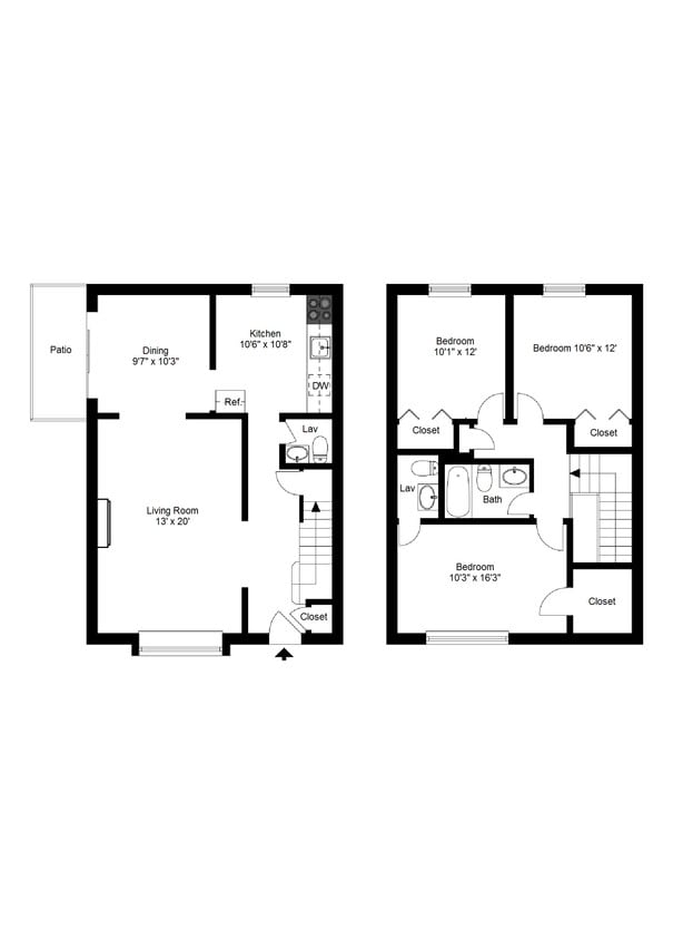 Floor Plan - 3 Bedroom, 1 Full & 2 Half Baths Townhome