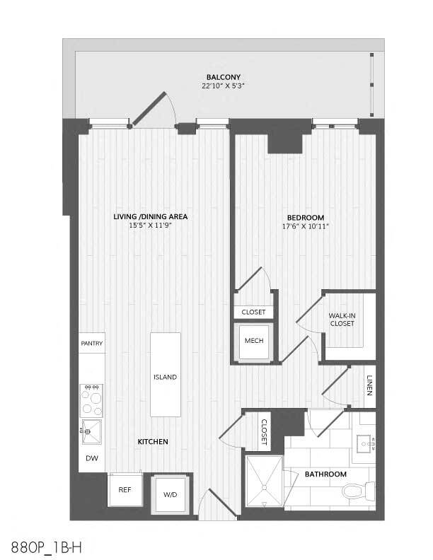 Floor Plan - 1 Bed/1 Bath-1B-H_880 P