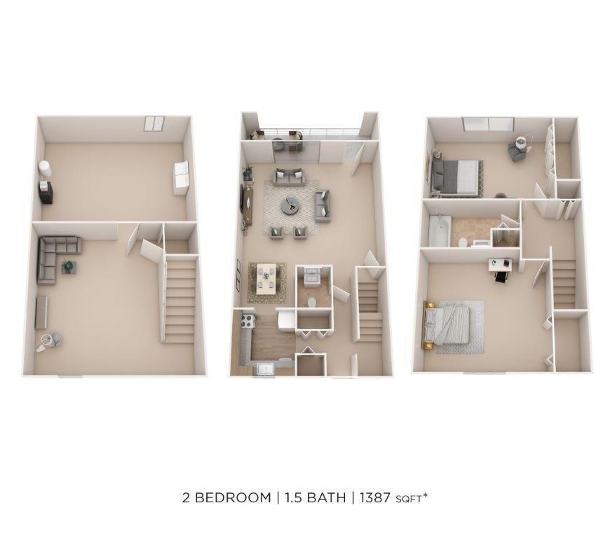 Floor Plan - Two Bedroom 1.5 Bath Townhome - 1,387 sqft