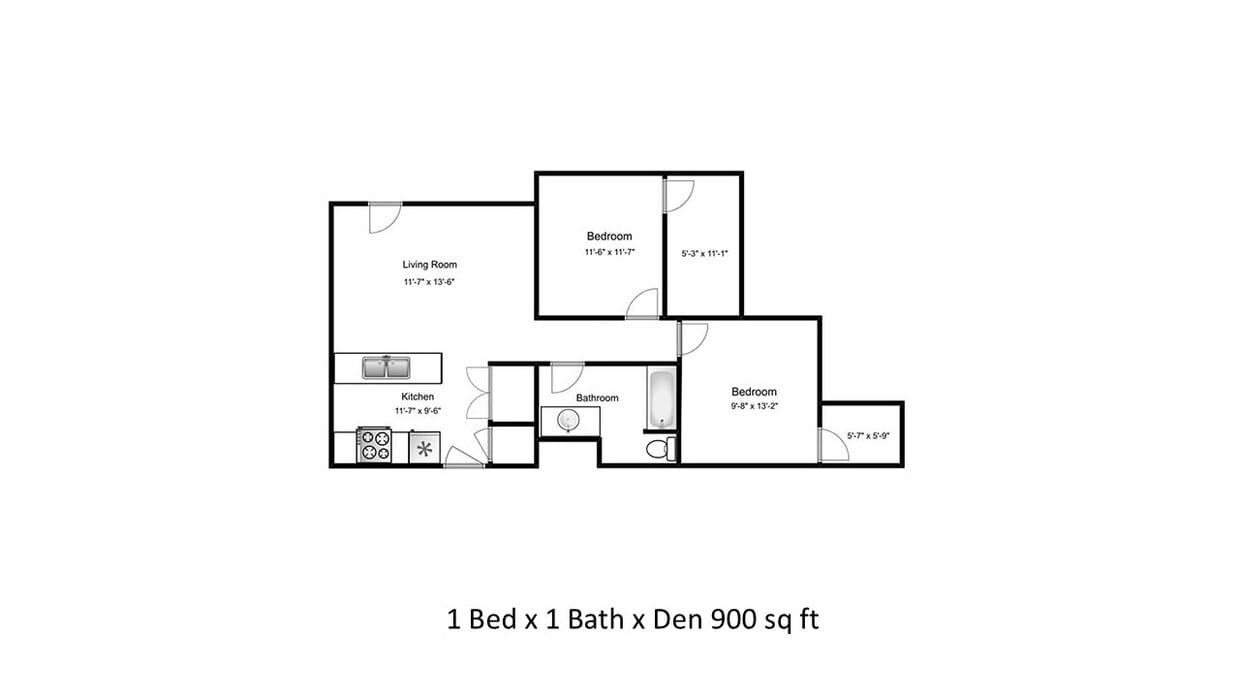 1 Bed x 1 Bath x Den 900 sq ft - 2x1