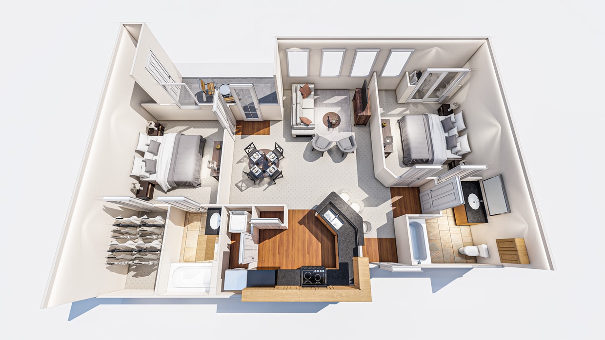 Bright and modern two-bedroom apartment layout with elegant finishes. - B1