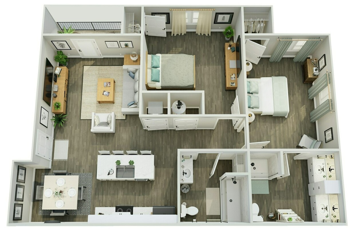 Modern 3D floor plan featuring two spacious bedrooms, an open living room, stylish kitchen, dining area, and sleek bathrooms. - 2 Bedroom, 2 Bathroom
