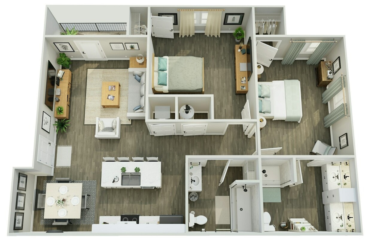 Explore this spacious floor plan designed for modern living, featuring two bedrooms and an open living space. - 2 Bedroom, 2 Bathroom