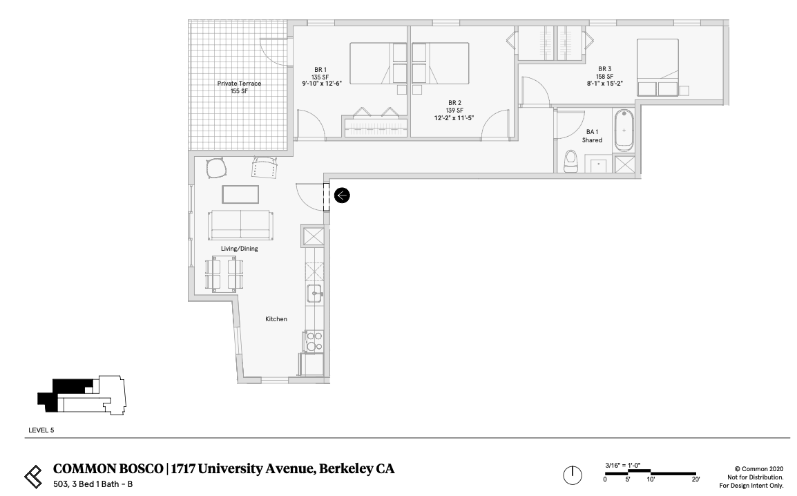 Floor Plan - 3 Bed 1 Bath - 1075 sqft