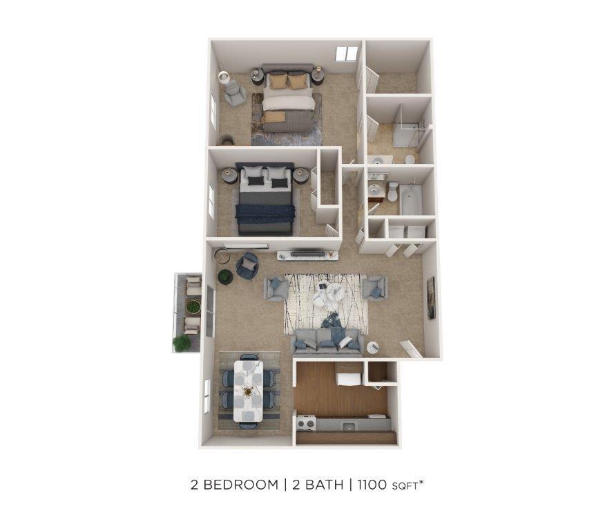 Floor Plan - Two Bedroom 2 Bath - 1,100 sqft
