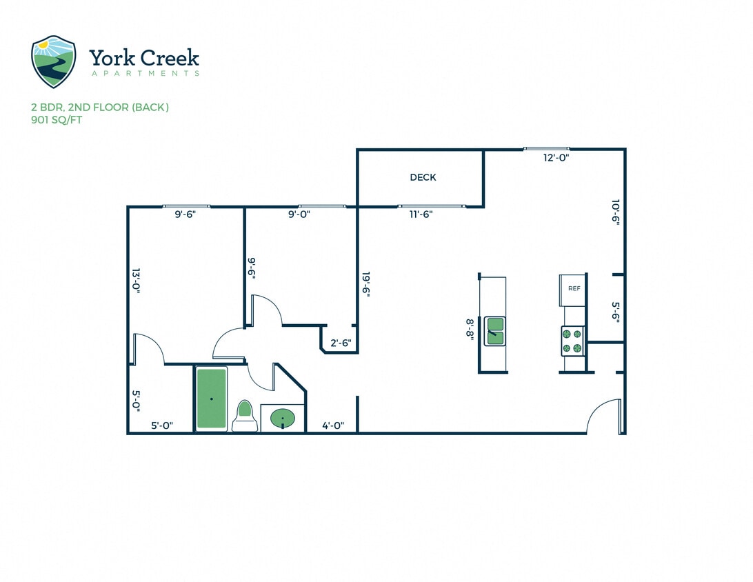 Floor Plan - 2 Bed, 1 Bath - 901 sq ft