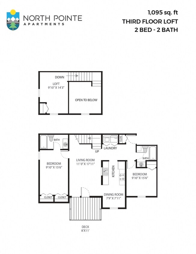 Floor Plan - 2 Bed, 2 Bath - 1,095 sq ft