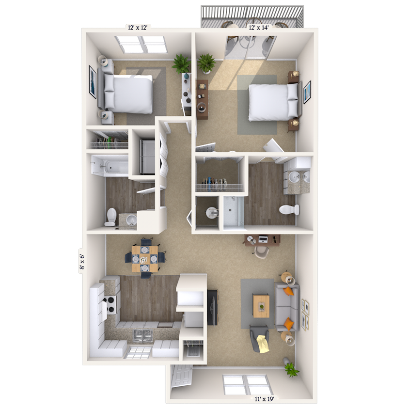 Floor Plan - 2BR 2BA (1000 SF)