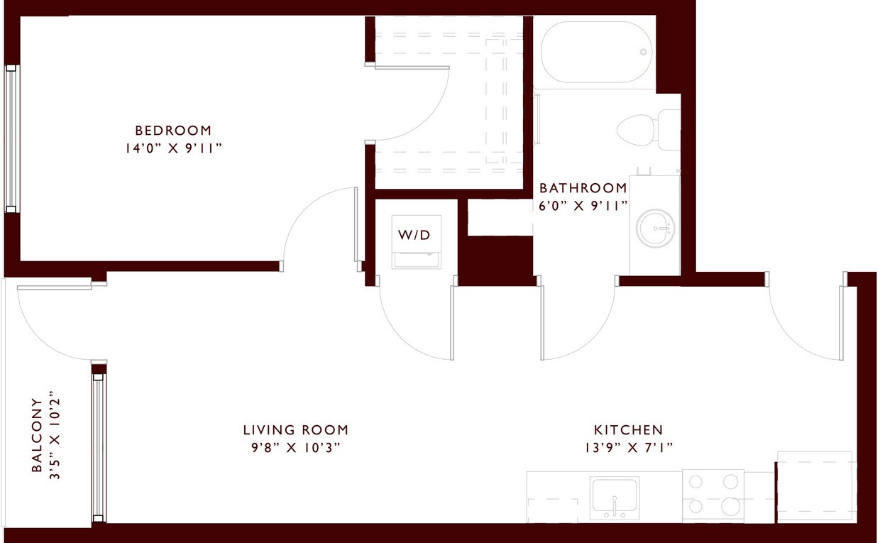 Explore this cozy one-bedroom apartment layout with a spacious living area and private balcony. - A2