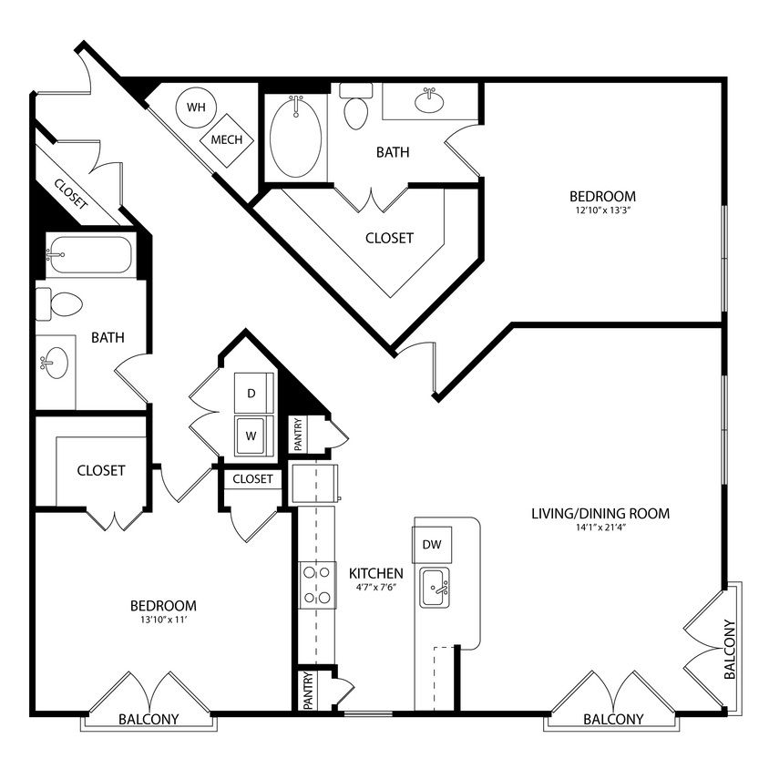 Floor Plan - 2 Bedroom, 2 Bath 1344 SF KC20