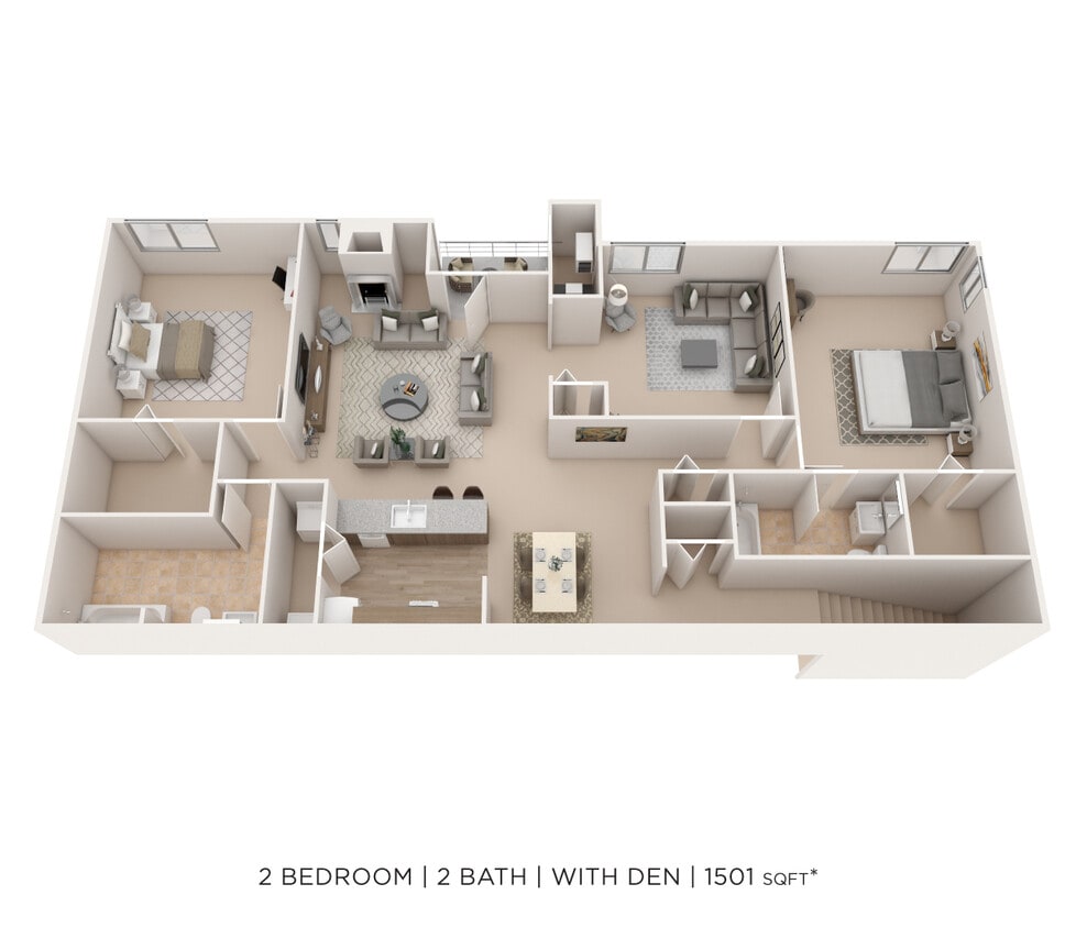 Floor Plan - Two Bedroom 2 Bath w/ Den - 1,501 sqft