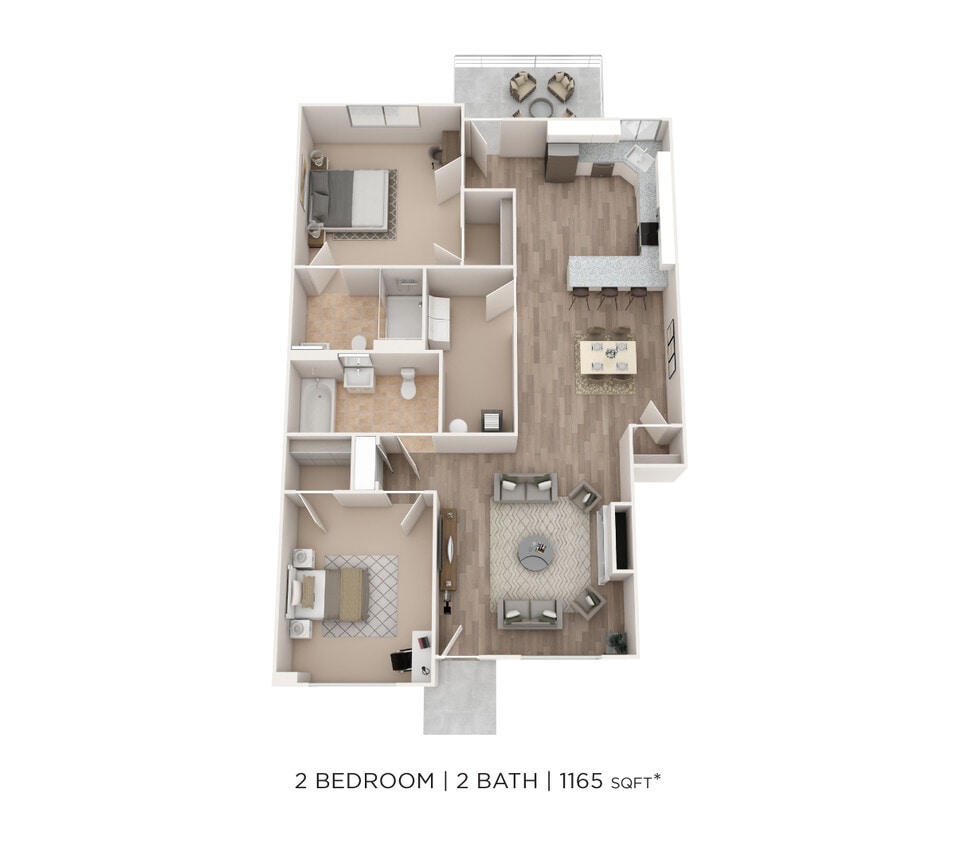 Floor Plan - Two Bedroom 2 Bath- 1165 sqft