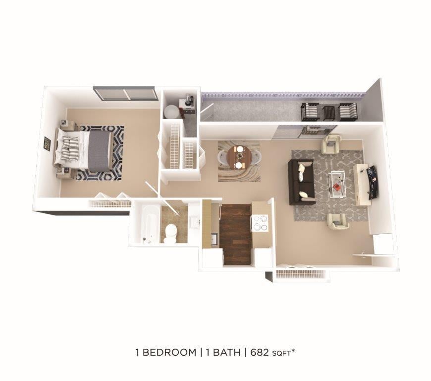 Floor Plan - One Bedroom - 682 sqft