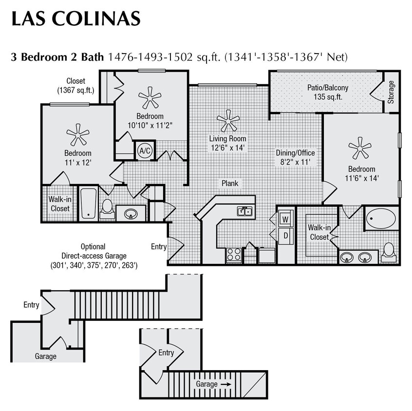 Floor Plan - 3 Bed 2 Bath 1476 SqFt Garage (1341 Net)