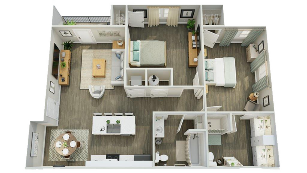 Modern floor plan showcasing two inviting bedrooms, elegant open living and dining areas, and a sleek kitchen, perfect for stylish living. - 2 Bedroom, 2 Bathroom