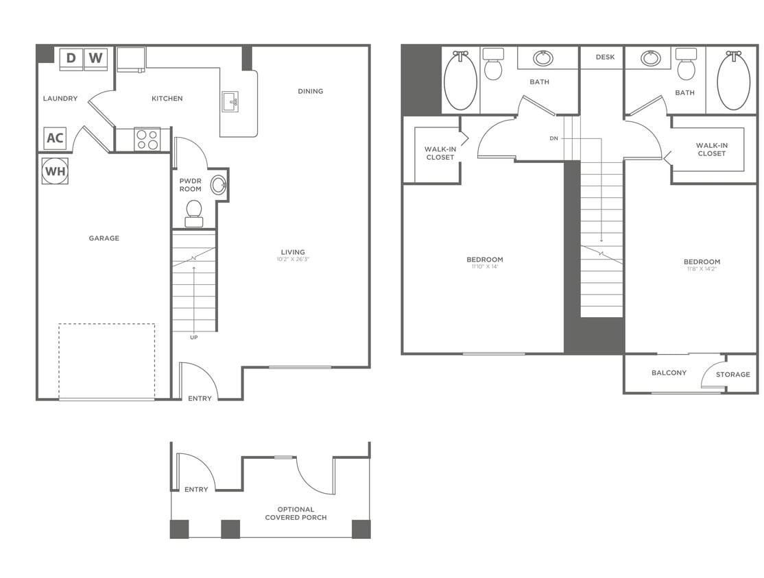 Floor Plan - Two Bedroom Two and a Half Bath (1328 SF)