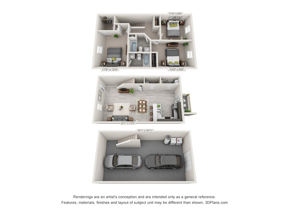 Floor Plan - 3 Bedroom, 2.5BA Townhome with Drive Under Garage