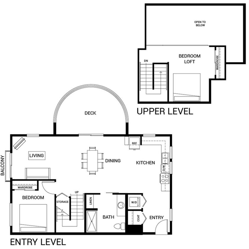 Modern townhouse floor plan showcasing a two-level design with a loft bedroom, spacious living area, dining room, and kitchen opening to a large deck. Includes convenient storage and a stylish bathroom layout. - B5