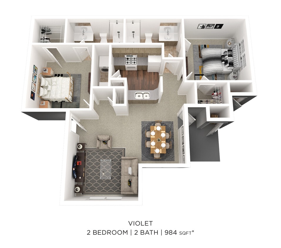Floor Plan - Two Bedroom 2 Bath - 984 sqft