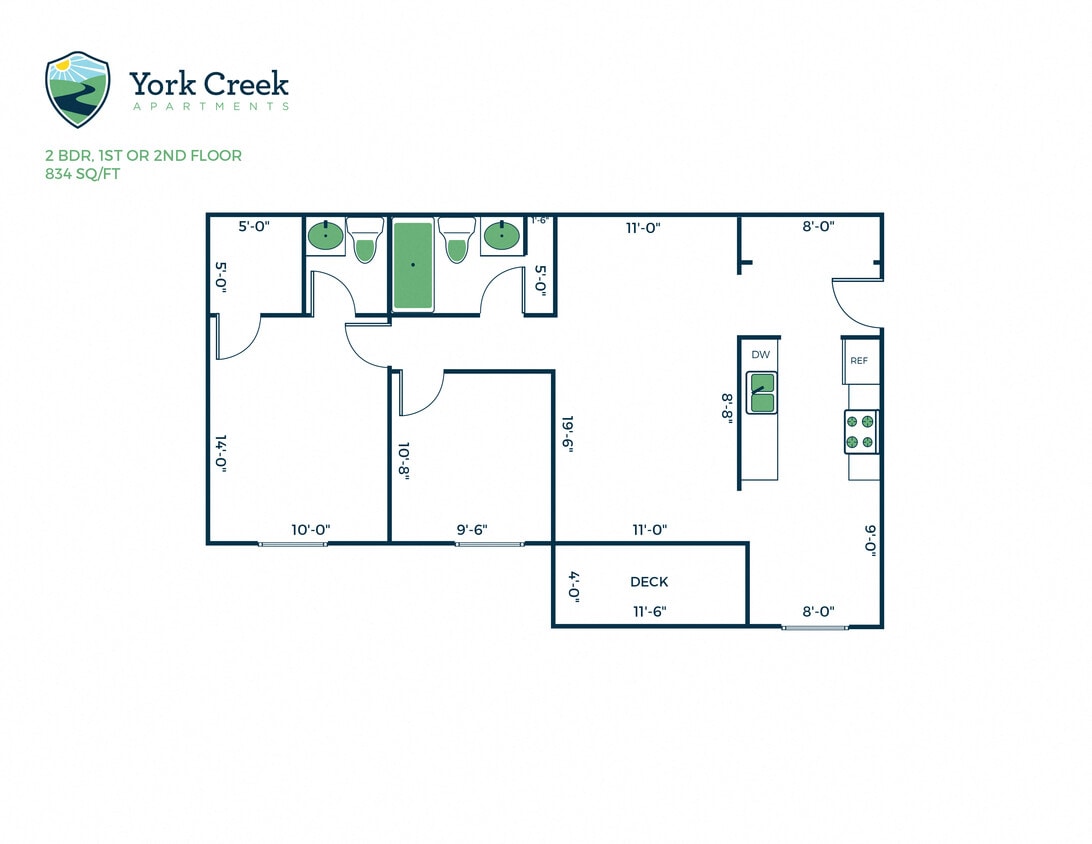 Floor Plan - 2 Bed, 1.5 Bath - 834 sq ft