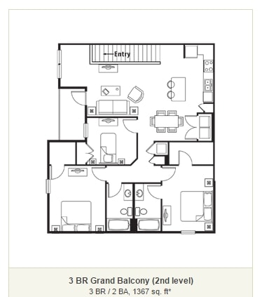 3 BR / 2 BA, 1367 sq. ft - 3 BR Grand Balcony