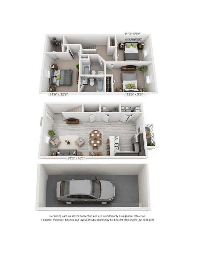 Floor Plan - 3 Bedroom, 2.5BA with attached Garage