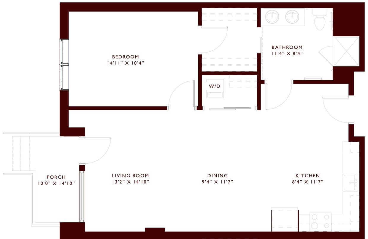Explore the spacious layout of this modern apartment, featuring open living quarters and a cozy porch. - A14