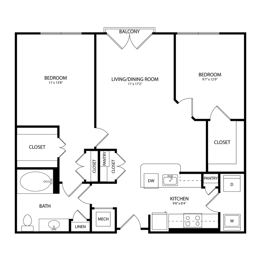 Floor Plan - 2 Bedroom, 1 Bath 982 SF KC19