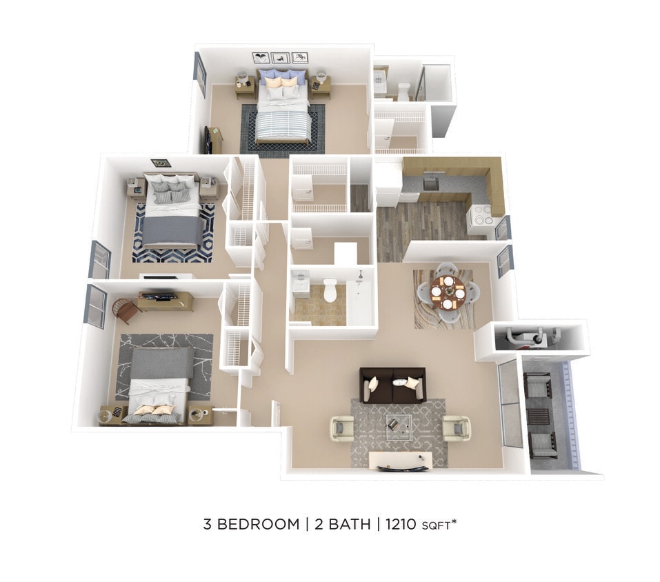 Floor Plan - Three Bedroom 2 Bath - 1,210 sqft