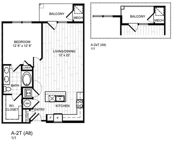 Floor Plan - 1 Bed, 1 Bath - A2T